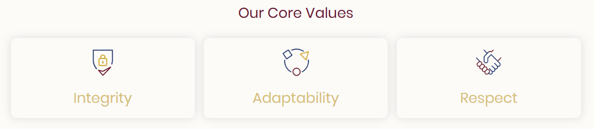 Iconds visualizing MMB & Sons core values: Integrity, Adaptability, and Respect